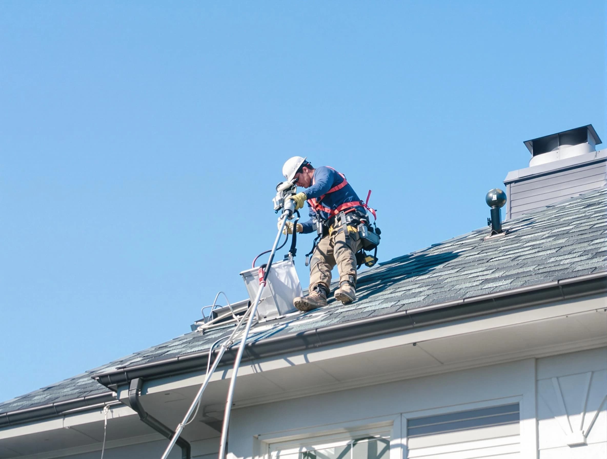 Snellville Dryer Vent Cleaning certified technician cleaning a roof-mounted dryer vent system in Snellville