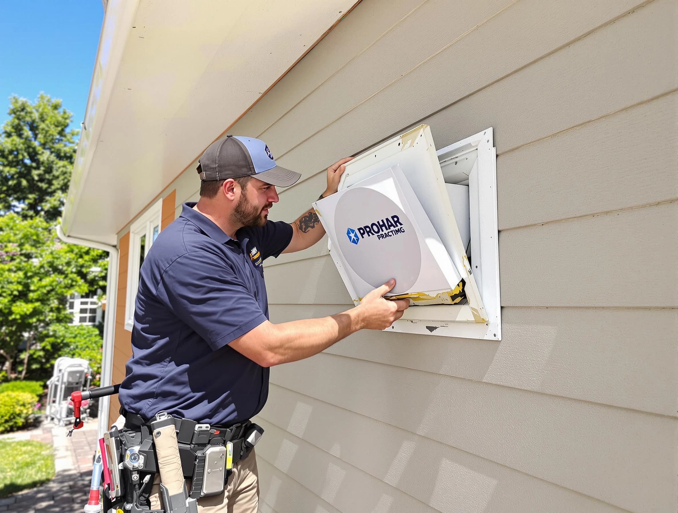 Snellville Dryer Vent Cleaning technician installing a new protective dryer vent cover on a home in Snellville
