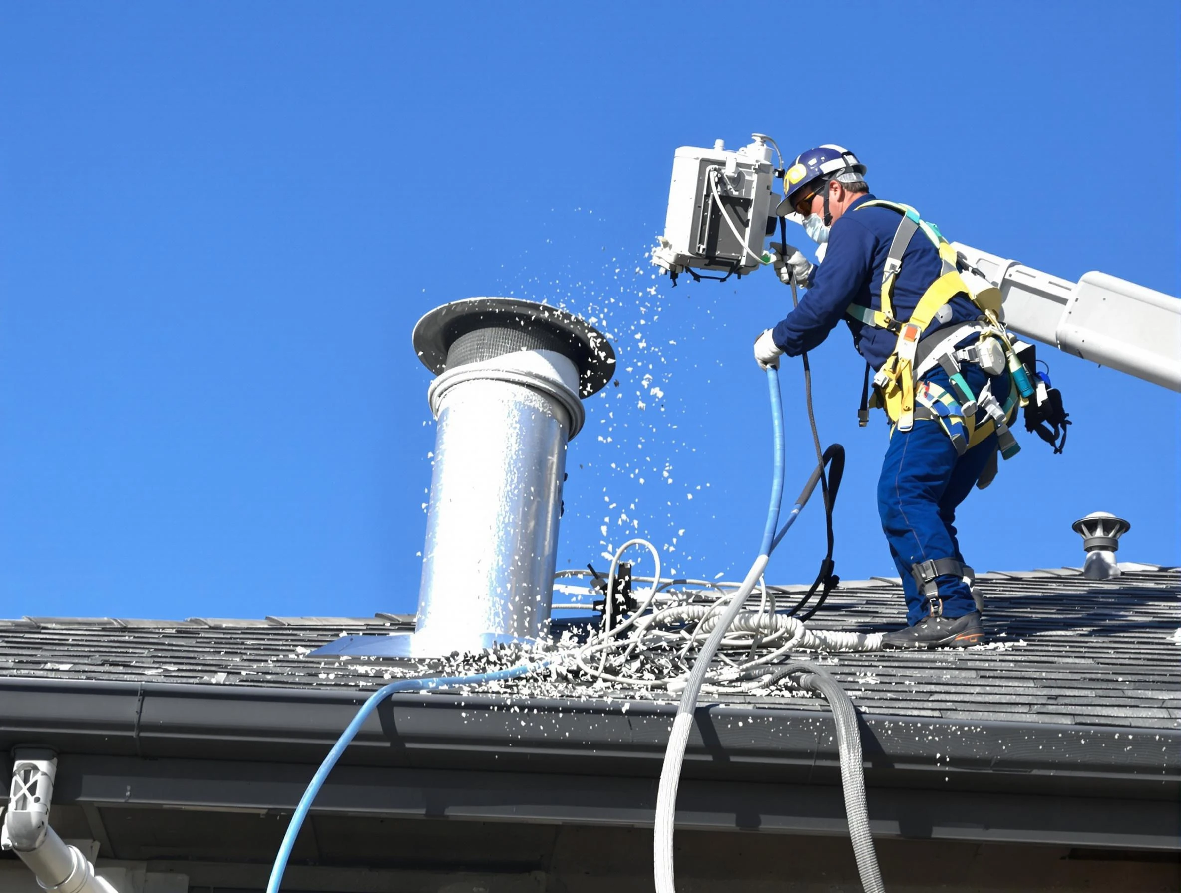 Snellville Dryer Vent Cleaning certified technician safely cleaning a roof-mounted dryer vent in Snellville