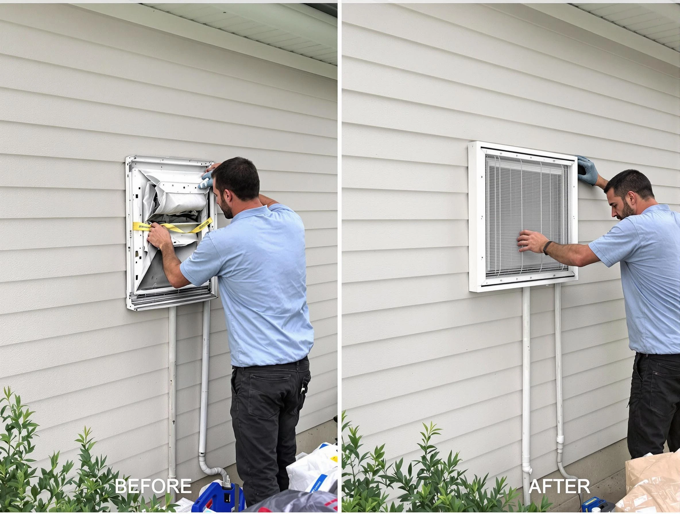 Snellville Dryer Vent Cleaning technician installing high-quality dryer vent cover at a residential property in Snellville